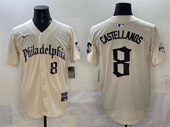 Personalized Men’s Philadelphia Phillies #8 Nick Castellanos Cream Gothic Limited Stitched Jersey