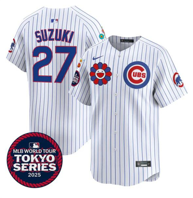 Personalized Men’s Chicago Cubs #27 Seiya Suzuki White 2025 Tokyo Series Limited Stitched Baseball Jersey