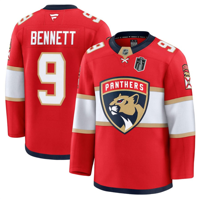 Personalized Men’s Florida Panthers #9 Sam Bennett Red 2025 Stanley Cup Final Patch Stitched Hockey Jersey