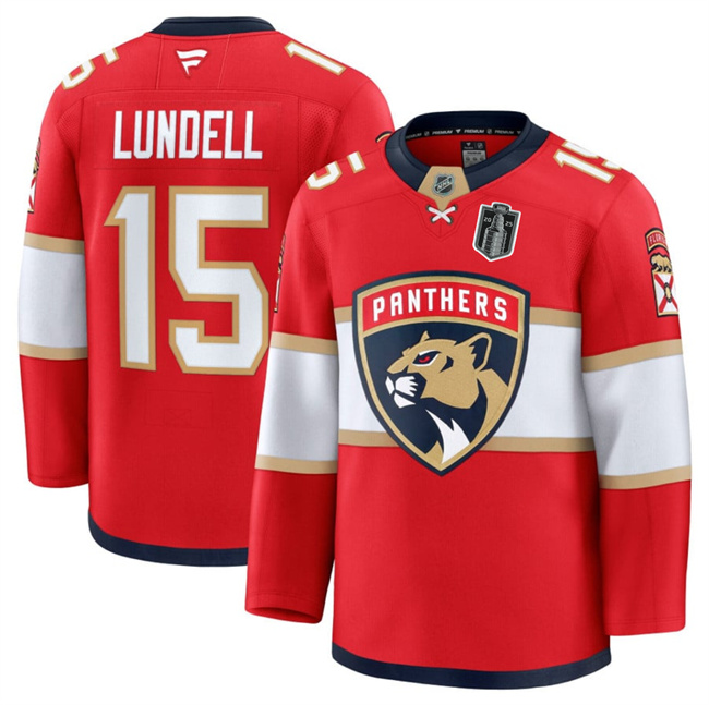 Personalized Men’s Florida Panthers #15 Anton Lundell Red 2025 Stanley Cup Final Patch Stitched Hockey Jersey