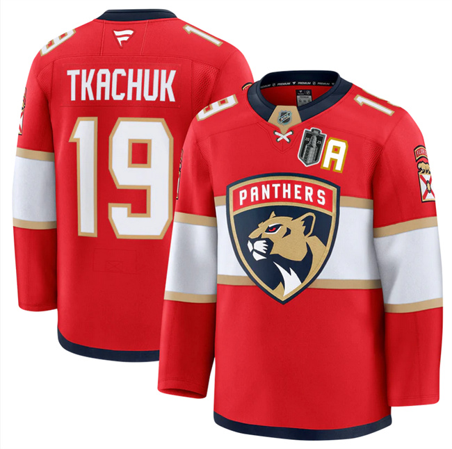 Personalized Men’s Florida Panthers #19 Matthew Tkachuk Red 2025 Stanley Cup Final Patch Stitched Hockey Jersey