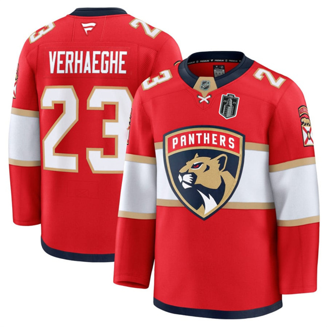 Personalized Men’s Florida Panthers #23 Carter Verhaeghe Red 2025 Stanley Cup Final Patch Stitched Hockey Jersey