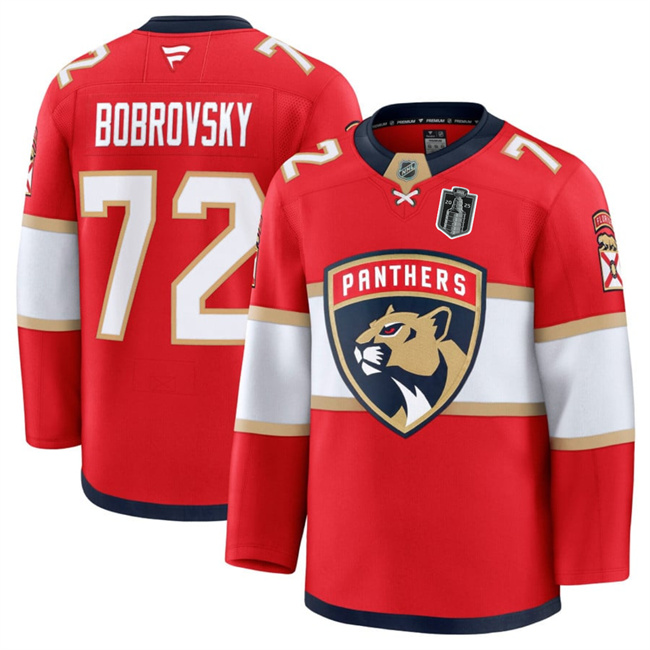 Personalized Men’s Florida Panthers #72 Sergei Bobrovsky Red 2025 Stanley Cup Final Patch Stitched Hockey Jersey