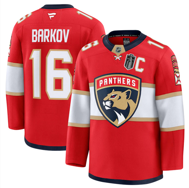 Personalized Men’s Florida Panthers #16 Aleksander Barkov Red 2025 Stanley Cup Final Patch Stitched Hockey Jersey