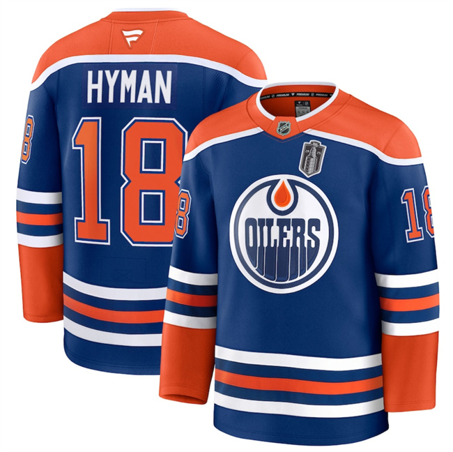 Personalized Men’s Edmonton Oilers #18 Zach Hyman Royal 2025 Stanley Cup Final Patch Stitched Hockey Jersey