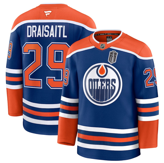Personalized Men’s Edmonton Oilers #29 Leon Draisaitl Royal 2025 Stanley Cup Final Patch Stitched Hockey Jersey
