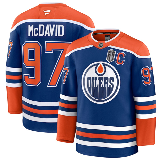 Personalized Men’s Edmonton Oilers #97 Connor McDavid Royal 2025 Stanley Cup Final Patch And C Patch Stitched Hockey Jersey
