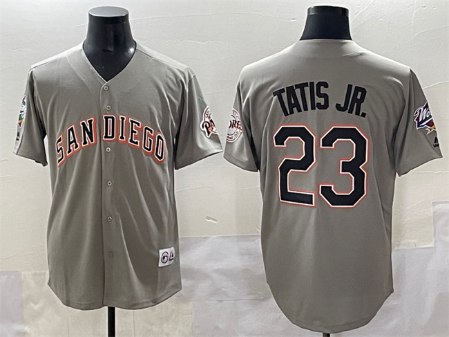 Personalized Men’s San Diego Padres #23 Fernando Tatis Jr. Grey Fashion Throwback With Patch Cool Base Stitched Jersey