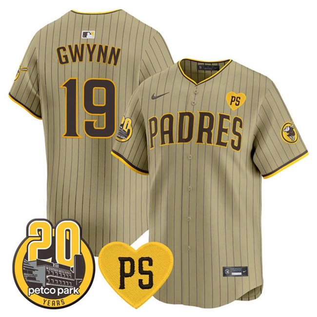Personalized Men’s San Diego Padres #23 Fernando Tatis Jr. Tan ‘For Peter’ And Petco Park 20th Patch Limited Stitched Baseball Jersey