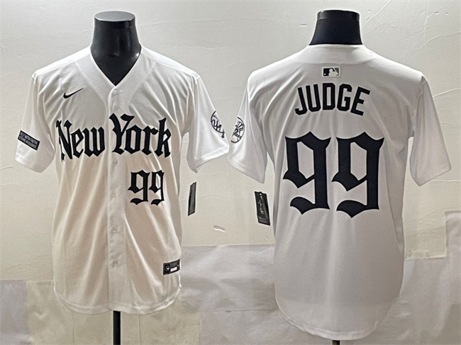 Personalized Men’s New York Yankees #99 Aaron Judge White ‘Gothic Legacy Edition’ Premier Limited Stitched Baseball Jersey