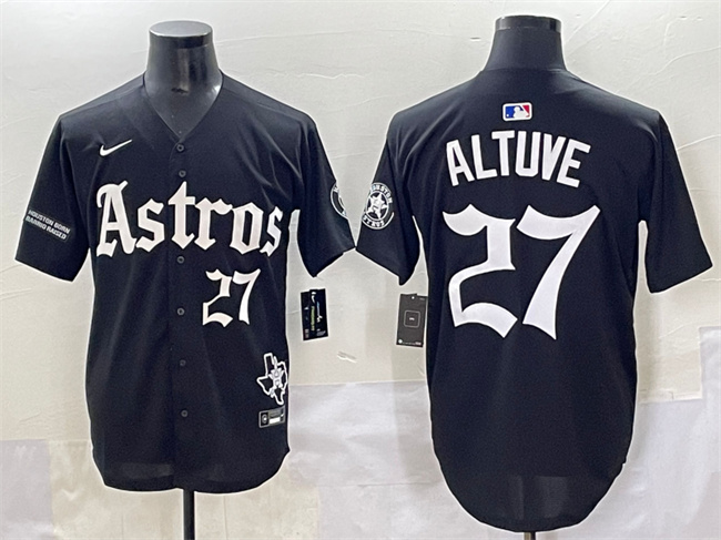 Personalized Men’s Houston Astros #27 Jose Altuve Black Gothic ‘Houston Born Barrio Raised’ Limited Stitched Baseball Jersey