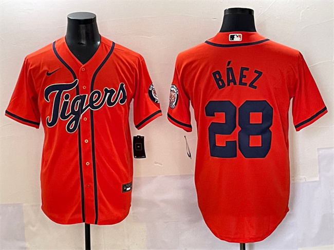 Personalized Men’s Detroit Tigers #28 Javier Baez Orange With Patch Cool Base Stitched Baseball Jersey