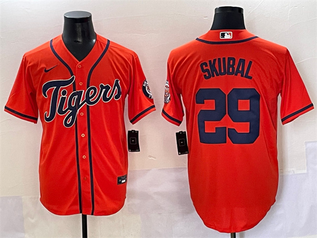 Personalized Men’s Detroit Tigers #29 Tarik Skubal Orange With Patch Cool Base Stitched Baseball Jersey