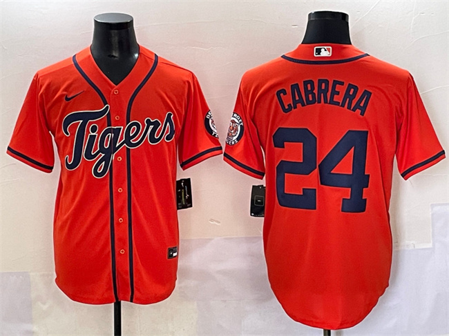 Personalized Men’s Detroit Tigers #24 Miguel Cabrera Orange With Patch Cool Base Stitched Baseball Jersey