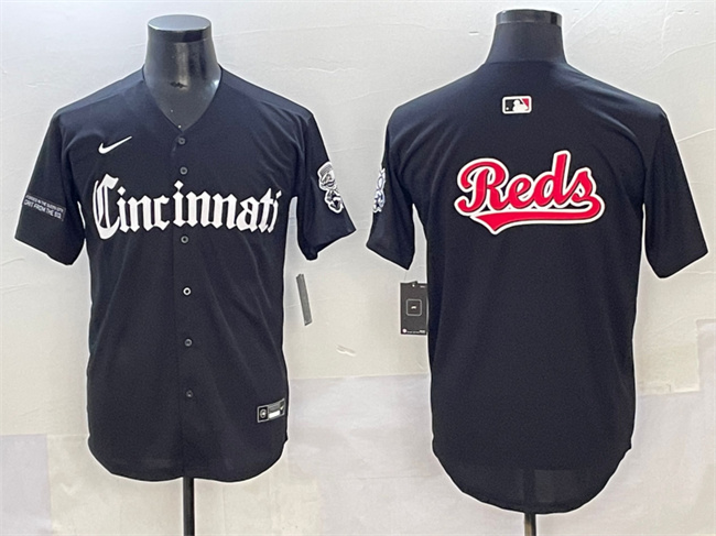 Personalized Men’s Cincinnati Reds Team Big Logo Black ‘Gothic Queen City Edition’ Premier Limited Stitched Baseball Jersey