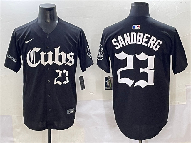 Personalized Men’s Chicago Cubs #23 Ryne Sandberg Black ‘Gothic North Side Edition’ Premier Limited Stitched Baseball Jersey