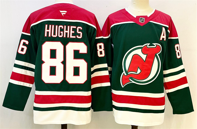Personalized Men’s New Jersey Devils #86 Jack Hughes Green Red 2024-25 With A Patch Stitched Hockey Jersey