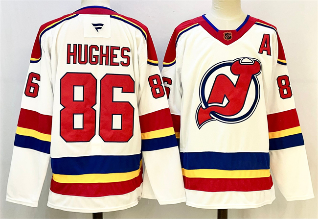 Personalized Men’s New Jersey Devils #86 Jack Hughes White Red 2024-25 With A Patch Stitched Hockey Jersey