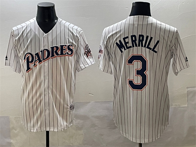 Personalized Men’s San Diego Padres #3 Jackson Merrill White Throwback With Patch Cool Base Stitched Jersey