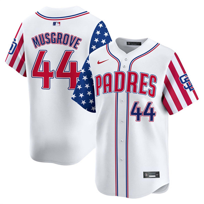 Personalized Men’s San Diego Padres #44 Joe Musgrove White 2025 Independence Day Premier Limited Stitched Baseball Jersey