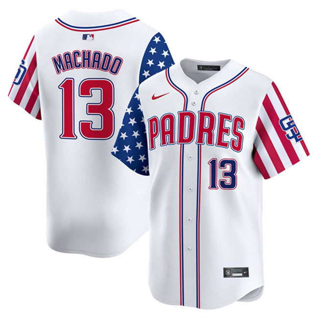 Personalized Men’s San Diego Padres #13 Manny Machado White 2025 Independence Day Premier Limited Stitched Baseball Jersey