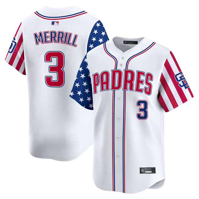 Personalized Men’s San Diego Padres #3 Jackson Merrill White 2025 Independence Day Premier Limited Stitched Baseball Jersey