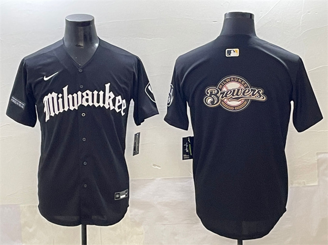Personalized Men’s Milwaukee Brewers Team Big Logo Black ‘Gothic 414 Shadows Edition’ Premier Limited Stitched Jersey