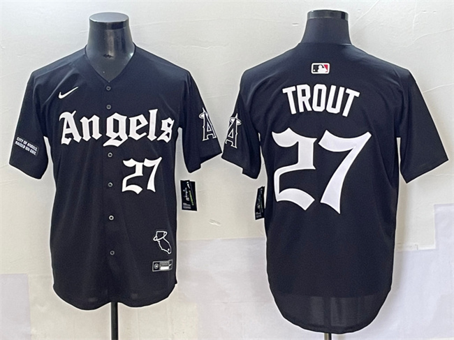 Personalized Men’s Los Angeles Angels #27 Mike Trout Black ‘Gothic Halo Edition’ Limited Stitched Baseball Jersey