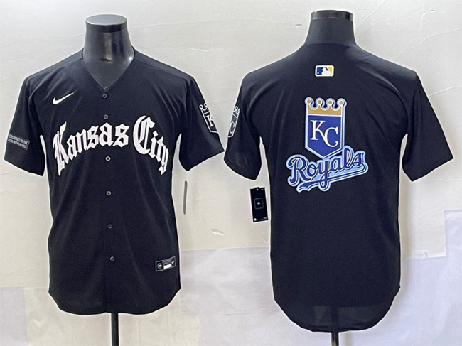 Personalized Men’s Kansas City Royals Team Big Logo Black ‘Gothic Crown Edition’ Premier Limited Stitched Baseball Jersey 1