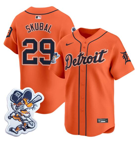 Personalized Men’s Detroit Tigers #29 Tarik Skubal Orange With Patch Premier Limited Stitched Baseball Jersey