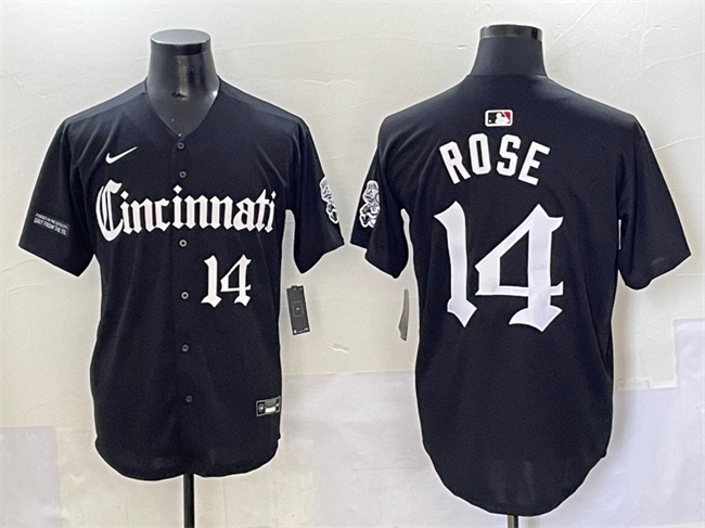 Personalized Men’s Cincinnati Reds #14 Pete Rose Black ‘Gothic Queen City Edition’ Premier Limited Stitched Baseball Jersey