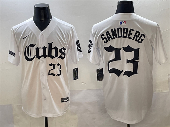 Personalized Men’s Chicago Cubs #23 Ryne Sandberg White ‘Gothic North Side Edition’ Premier