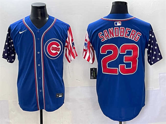 Personalized Men’s Chicago Cubs #23 Ryne Sandberg Royal 2025 Independence Day Premier Limited Stitched Baseball Jersey