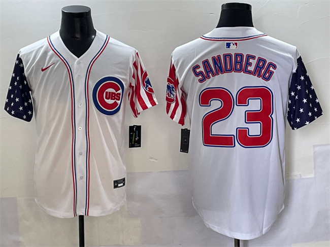 Personalized Men’s Chicago Cubs #23 Ryne Sandberg White 2025 Independence Day Premier Limited Stitched Baseball Jersey