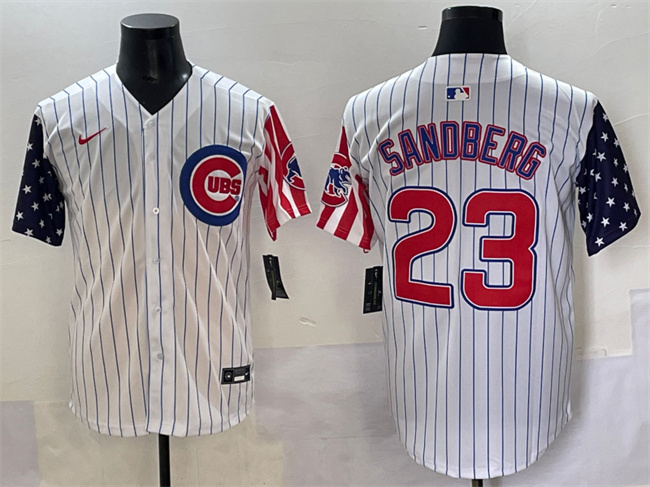 Personalized Men’s Chicago Cubs #23 Ryne Sandberg White Pinstripe 2025 Independence Day Premier Limited Stitched Baseball Jersey