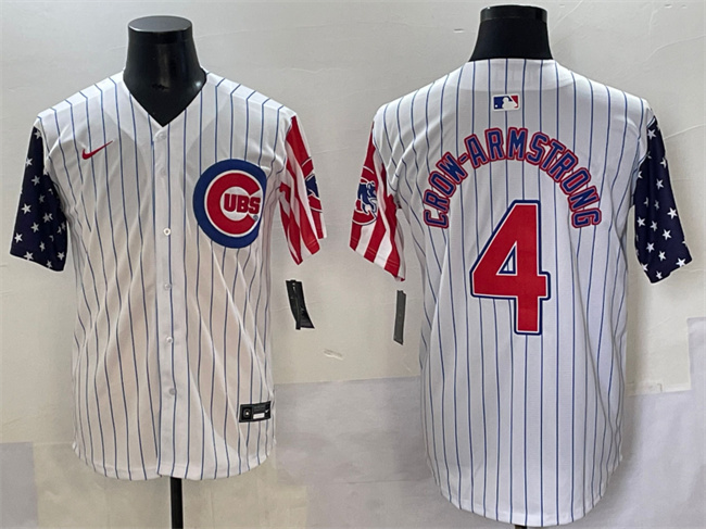 Personalized Men’s Chicago Cubs #4 Pete Crow-Armstrong White Pinstripe 2025 Independence Day Premier Limited Stitched Baseball Jersey