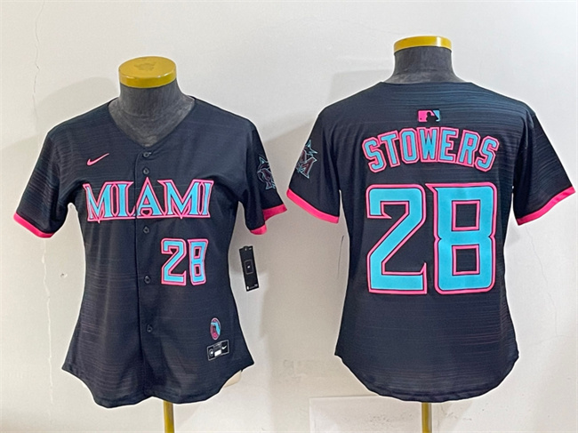 Personalized Women’s Miami Marlins #28 Kyle Stowers Black 2025 City Connect Limited Stitched Baseball Jersey