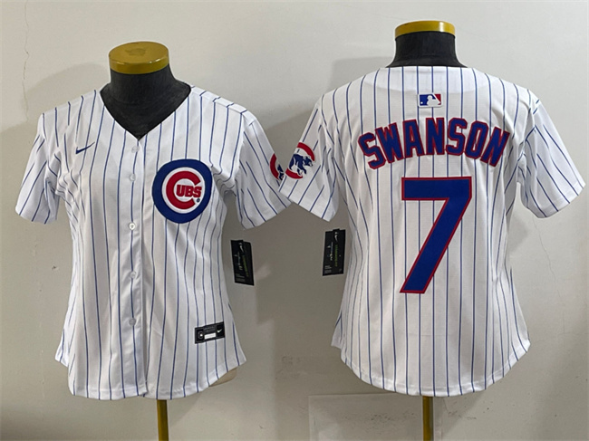 Personalized Women’s Chicago Cubs #7 Dansby Swanson White Cool Base Stitched Jersey