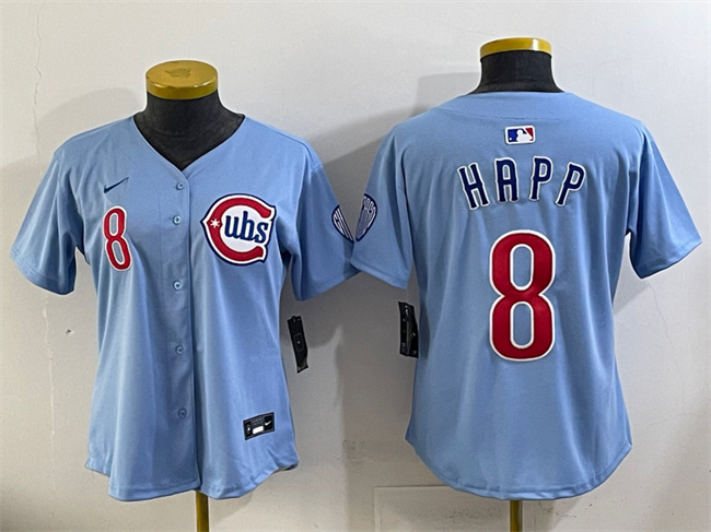 Personalized Women’s Chicago Cubs #8 Ian Happ Blue 2024 25 2nd Alternatemited Stitched Baseball Jersey(Run Small)