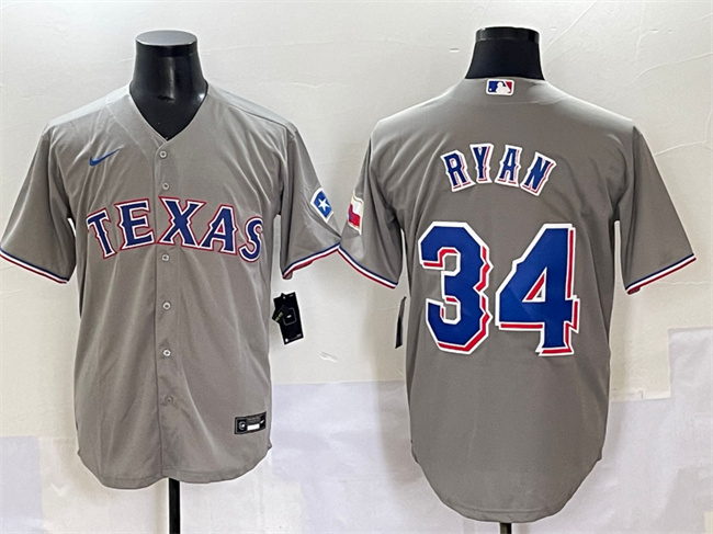 Personalized Men’s Texas Rangers #34 Nolan Ryan Grey With Patch Cool Base Stitched Baseball Jersey