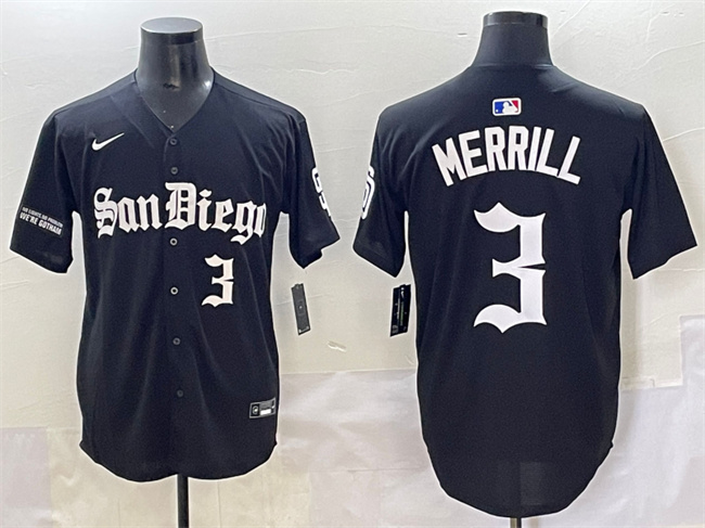 Personalized Men’s San Diego Padres #3 Jackson Merrill Black Gothic Edition Limited Stitched Baseball Jersey