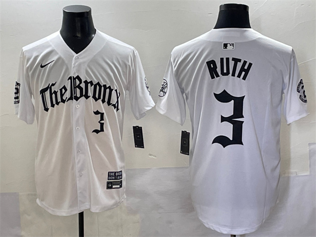 Personalized Men’s New York Yankees #3 Babe Ruth White ‘Gothic Legacy Edition’ Premier Limited Stitched Baseball Jersey
