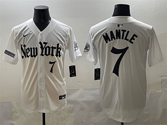 Personalized Men’s New York Yankees #7 Mickey Mantle White ‘Gothic Legacy Edition’ Premier Limited Stitched Baseball Jersey
