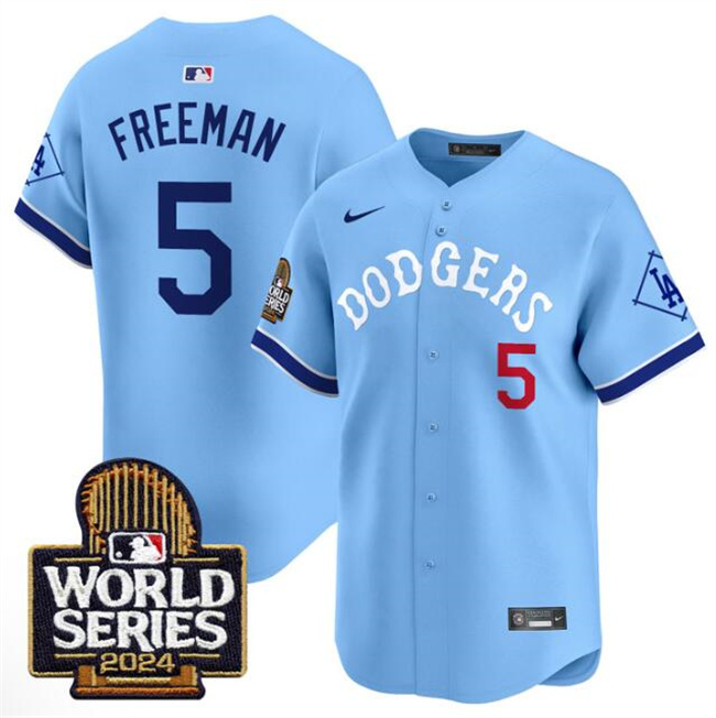 Personalized Men’s Los Angeles Dodgers #5 Freddie Freeman Blue With 2024 World Series Patch Premier Limited Stitched Baseball Jersey