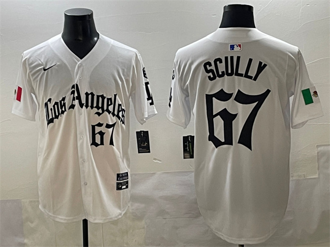 Personalized Men’s Los Angeles Dodgers #67 Vin Scully White Mexico 2025 LA Gothic Style With Fernando Patch Premier Limited Stitched Baseball Jersey