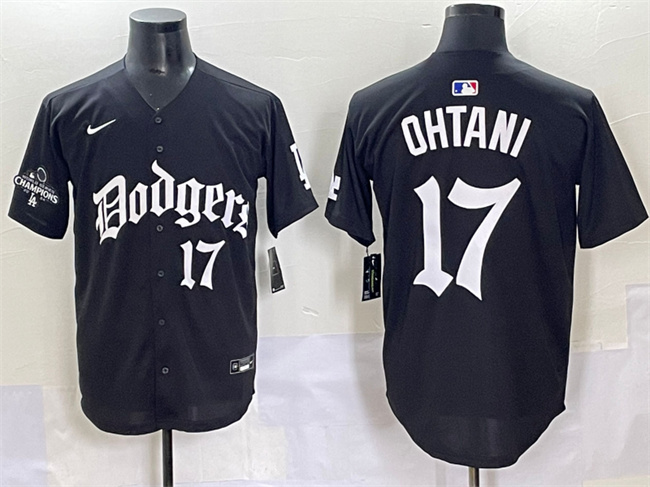 Personalized Men’s Los Angeles Dodgers #17 Shohei Ohtani Black 2025 LA Gothic Style With 2024 World Series Champions Patch Premier Limited Stitched Baseball Jersey