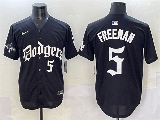 Personalized Men’s Los Angeles Dodgers #5 Freddie Freeman Black 2025 LA Gothic Style With 2024 World Series Champions Patch Premier Limited Stitched Baseball Jersey