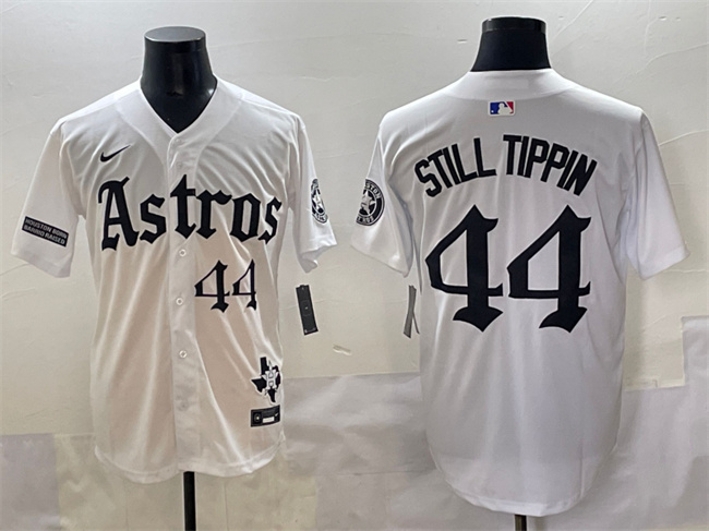 Personalized Men’s Houston Astros #44 Still Tippin White Gothic ‘Houston Born Barrio Raised’ Limited Stitched Baseball Jersey