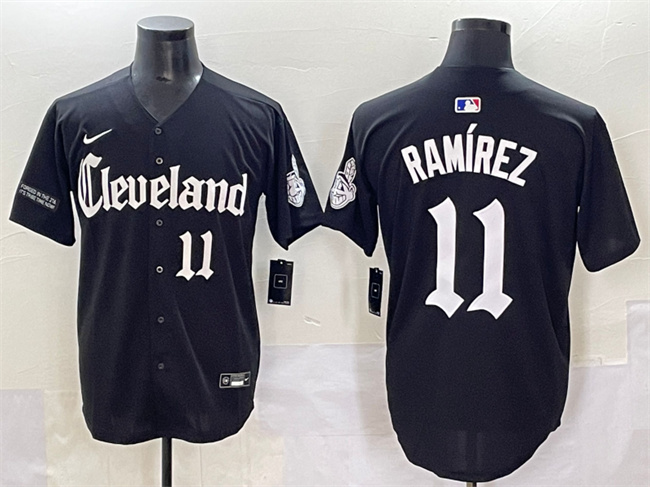 Personalized Men’s Cleveland Guardians #11 Jose Ramirez Black Gothic Premier Limited Stitched Baseball Jersey