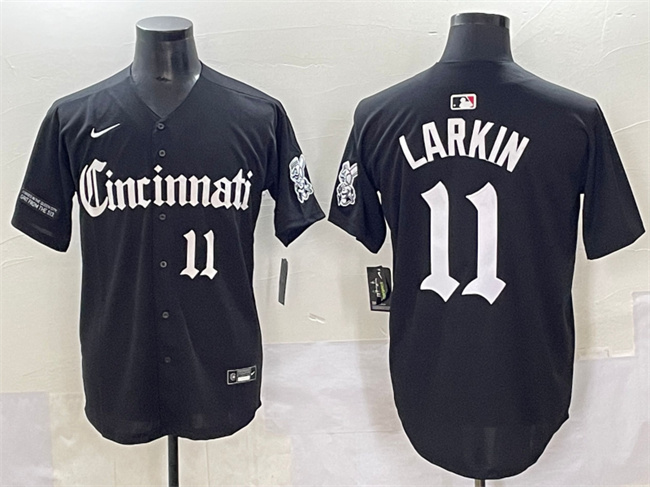 Personalized Men’s Cincinnati Reds #11 Barry Larkin Black ‘Gothic Queen City Edition’ Premier Limited Stitched Baseball Jersey